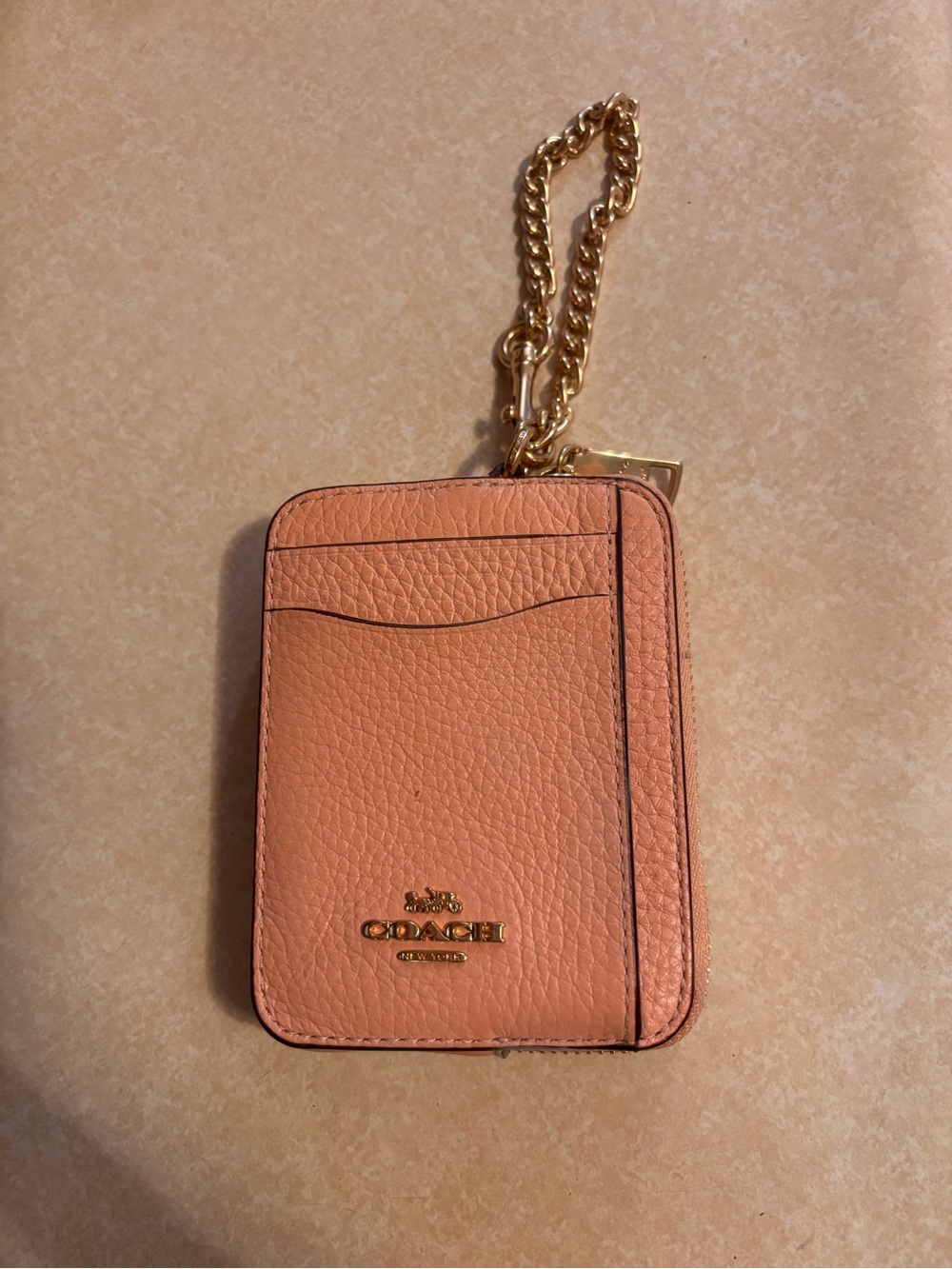 Coach Peach Pink Leather Card Case with Gold Chain